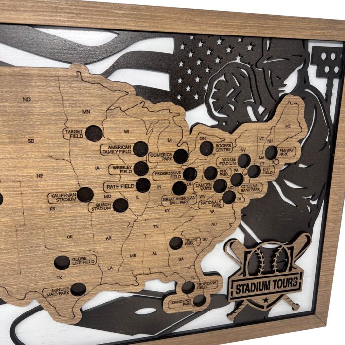 MLB Stadiums Wood Map Close Up