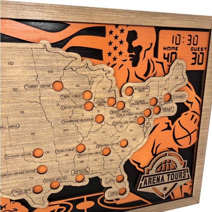 NBA Stadiums Wood Map Close Up