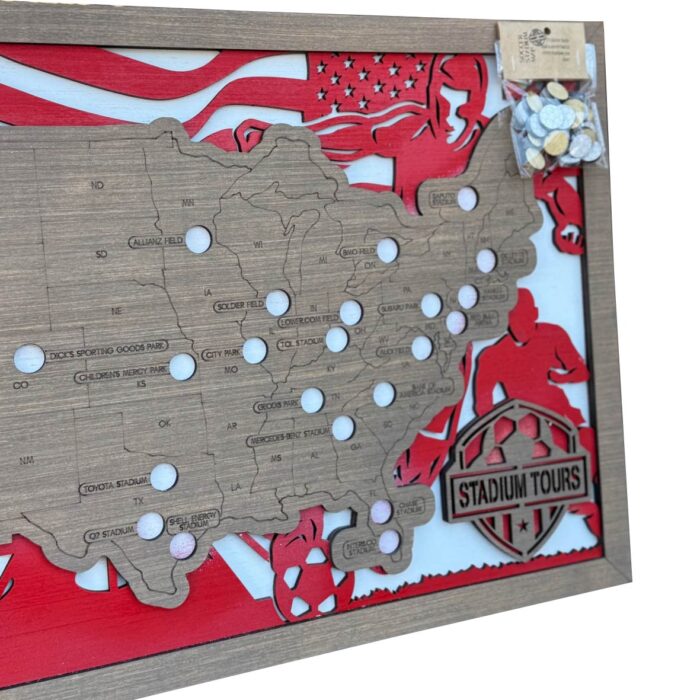 Soccer Stadiums Wood Map Close Up